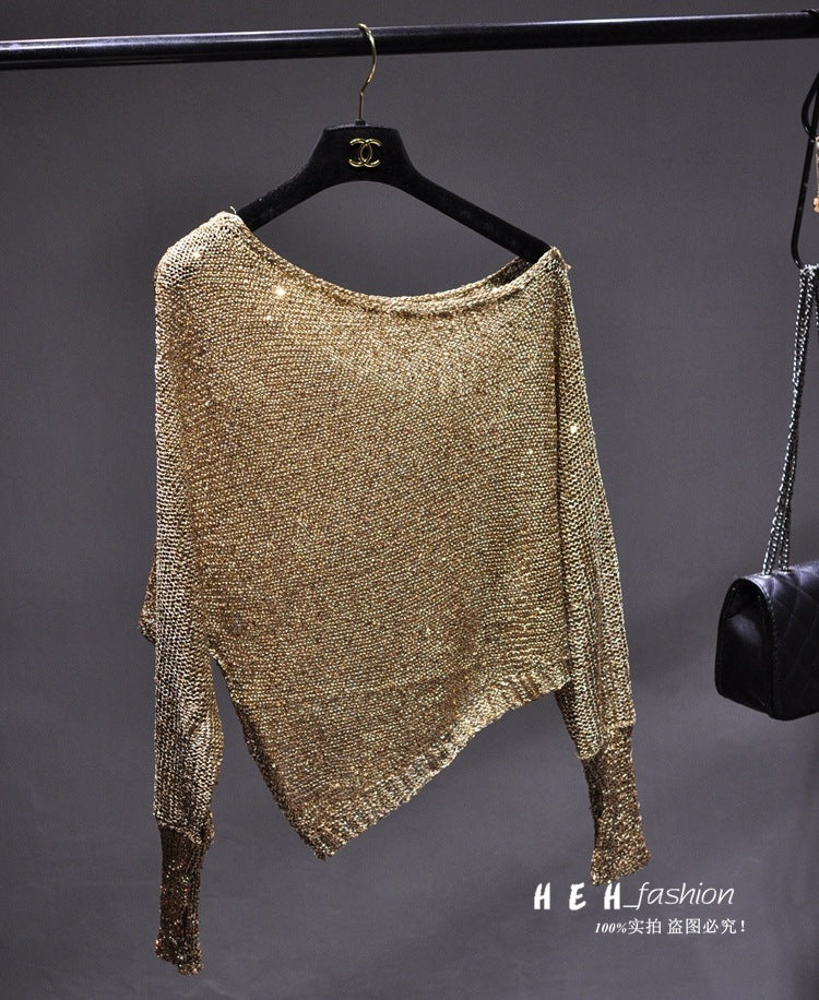 Sequined Slant Shoulder Bright Silk Gold Thread Pullover Top