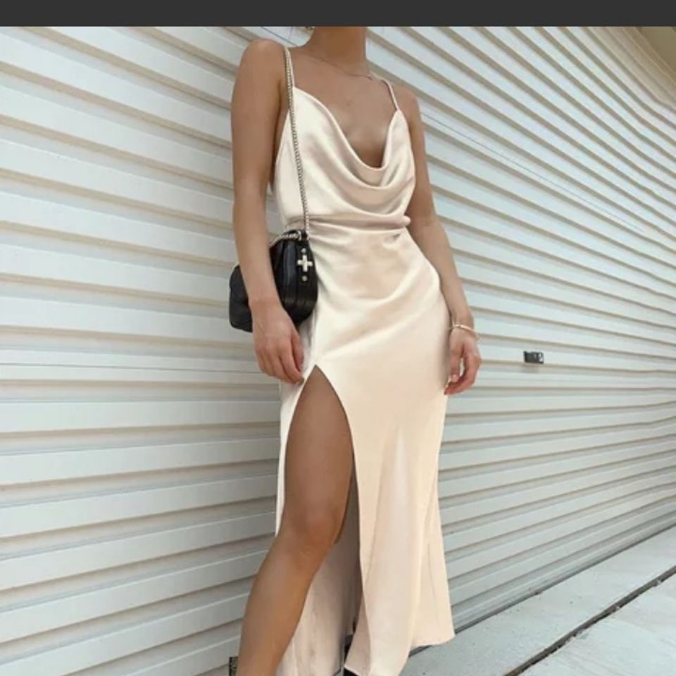 Glossy satin silk dress with suspenders