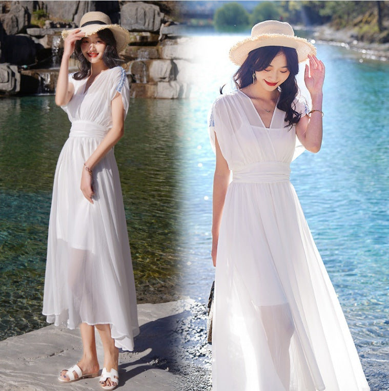 Temperament Solid Color Waist Silk Long Dress
