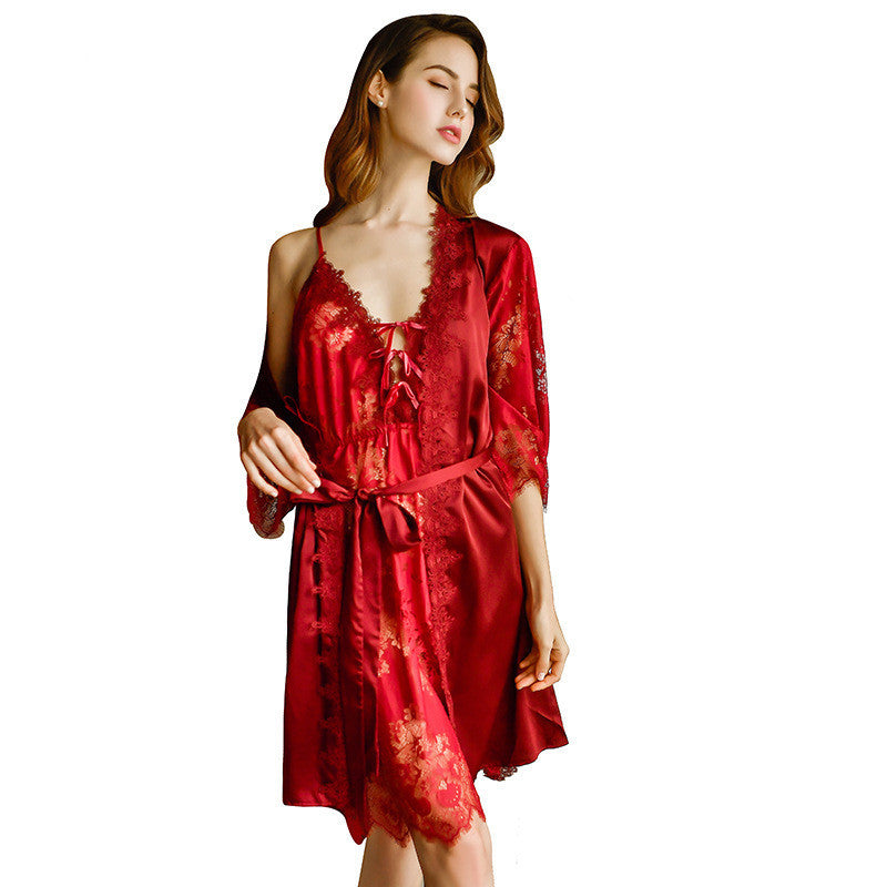 Long sleeve ice silk large casual Pajama nightdress