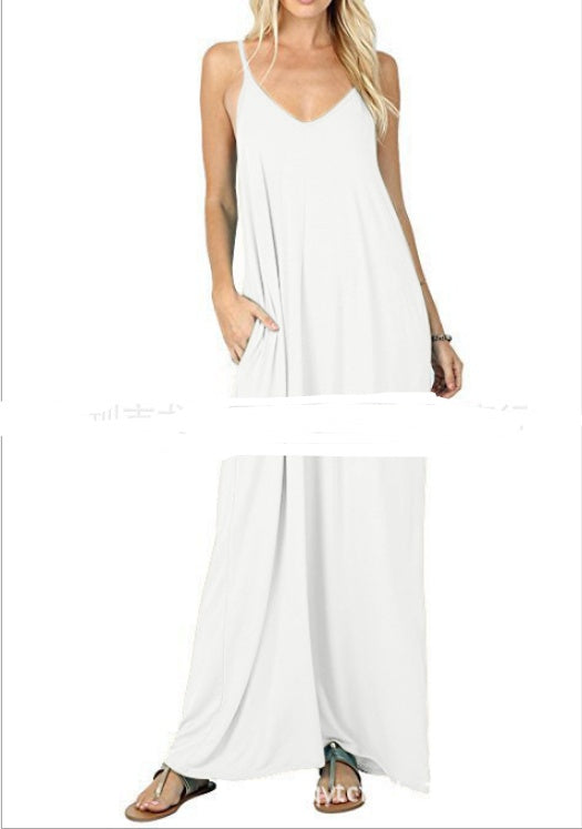 European and American milk silk solid color pocket camisole dress