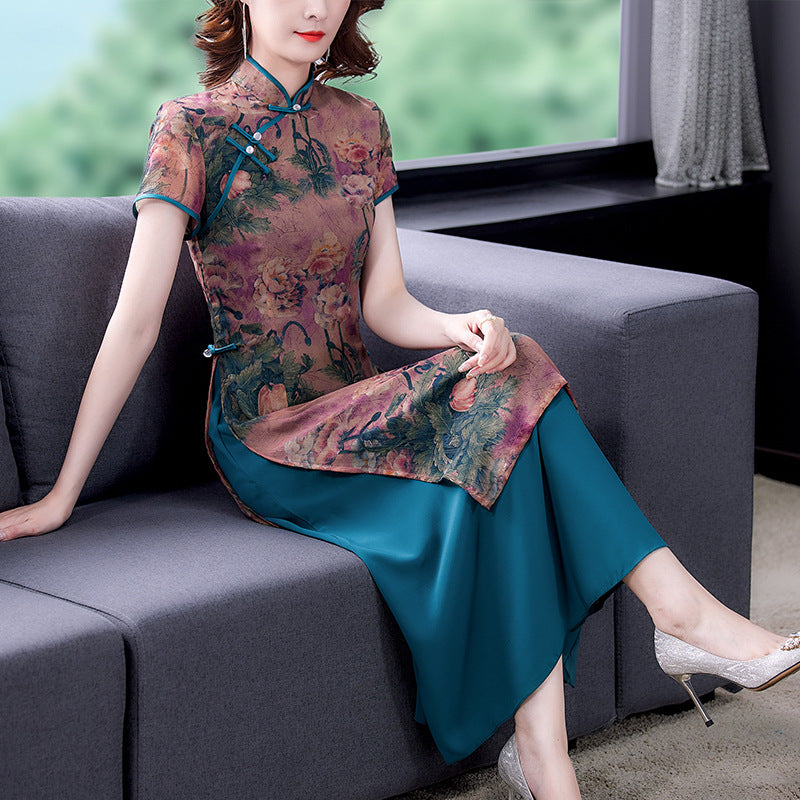 Chinese Style Graceful And Fashionable Slim-fit Silk-like Cheongsam Dress
