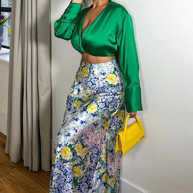 Flower Printed Silk Satin Texture Skirt