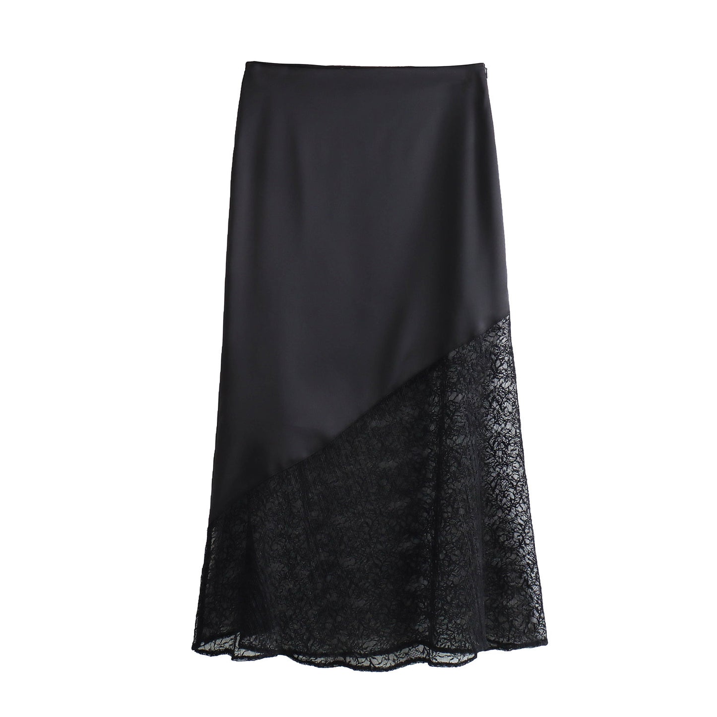 European And American Style Lace Stitching Silk Satin Texture Midi Dress