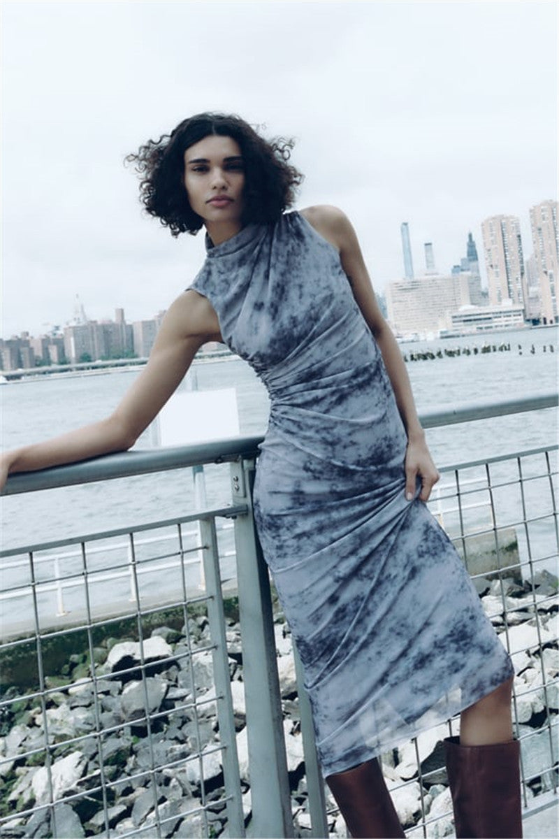 European And American Style Silk Net Printed Dress