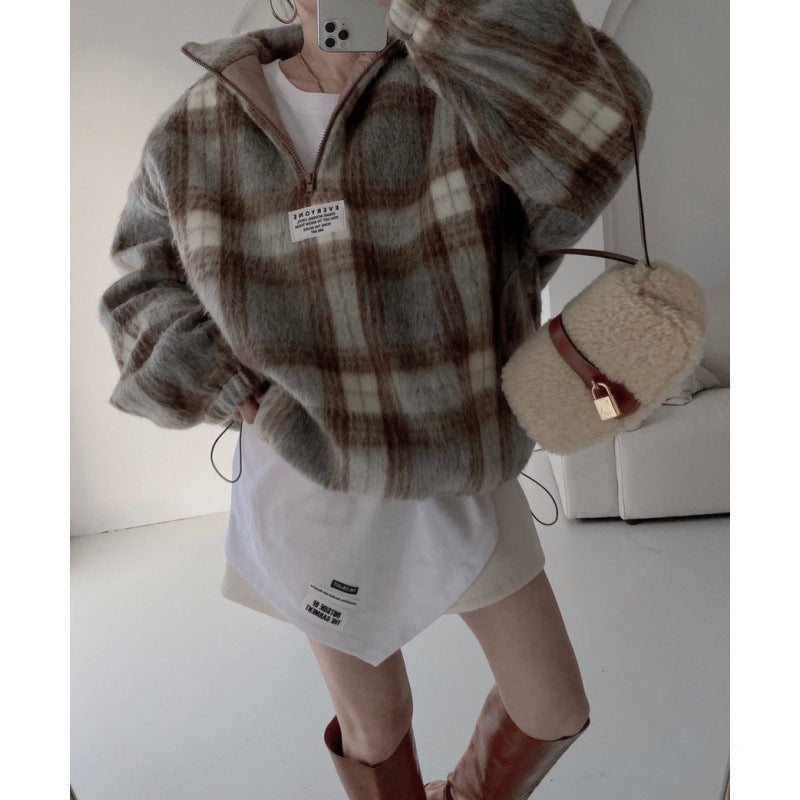 PlaidAura Stand Collar Woolen Sweater