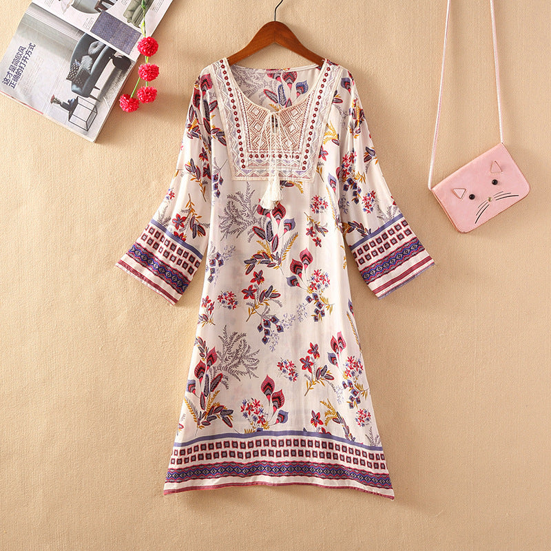 Cotton Silk Floral Dress Vintage Women's Clothing