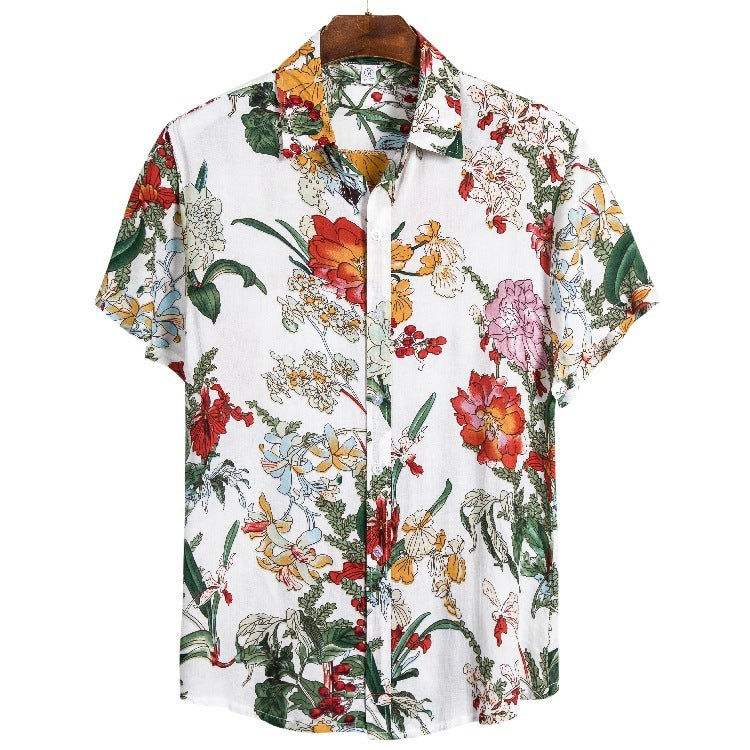 Patterned silk-cotton shirt with short sleeves