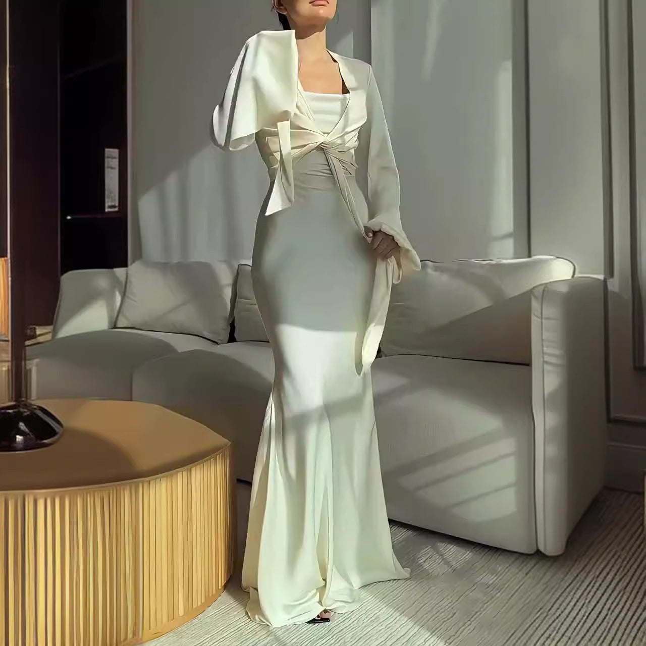 Ice Silk Sling Dress Long Sleeve Cardigan Jacket Suit