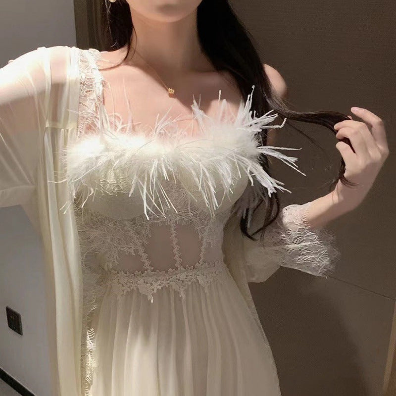 Feather Slip Nightdress Long Ice Silk Pajamas