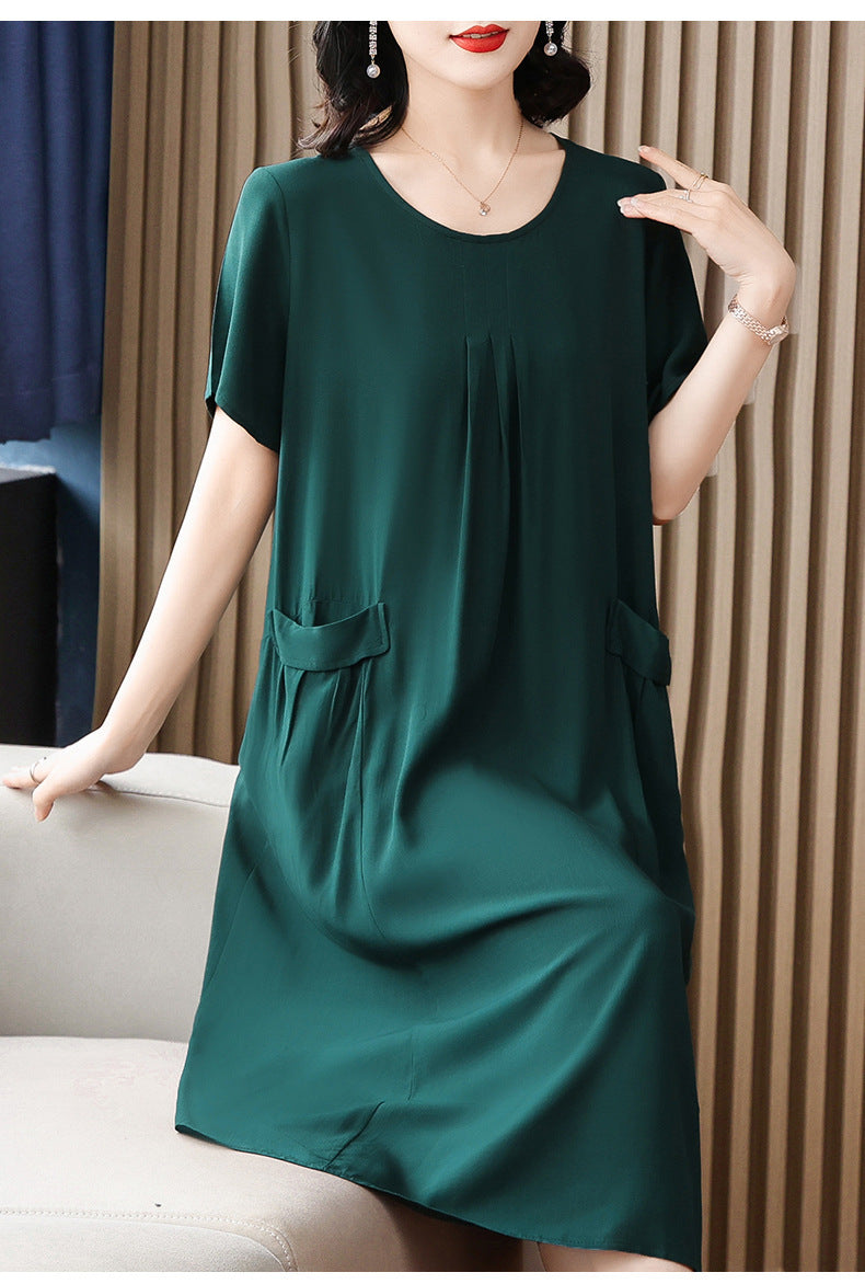 Cotton Silk Midi Dress Mother's Short Sleeve Loose Printed Dress