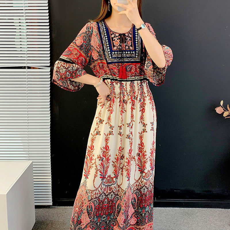 Skirt Crew Neck Ruffle Half Sleeve Cotton Silk Dress