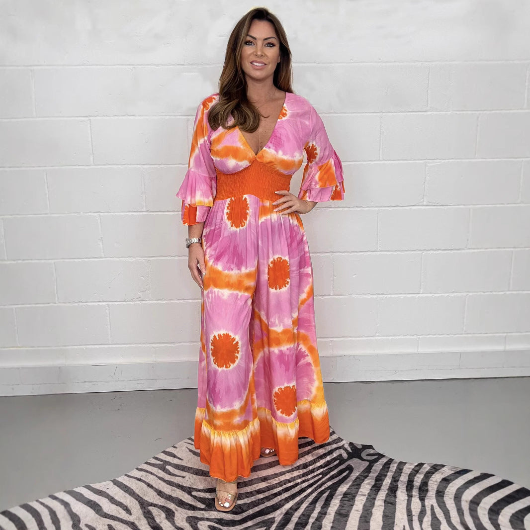 Women's Plus Size Tie-dye Printed Bell-sleeve Wide-leg Jumpsuit