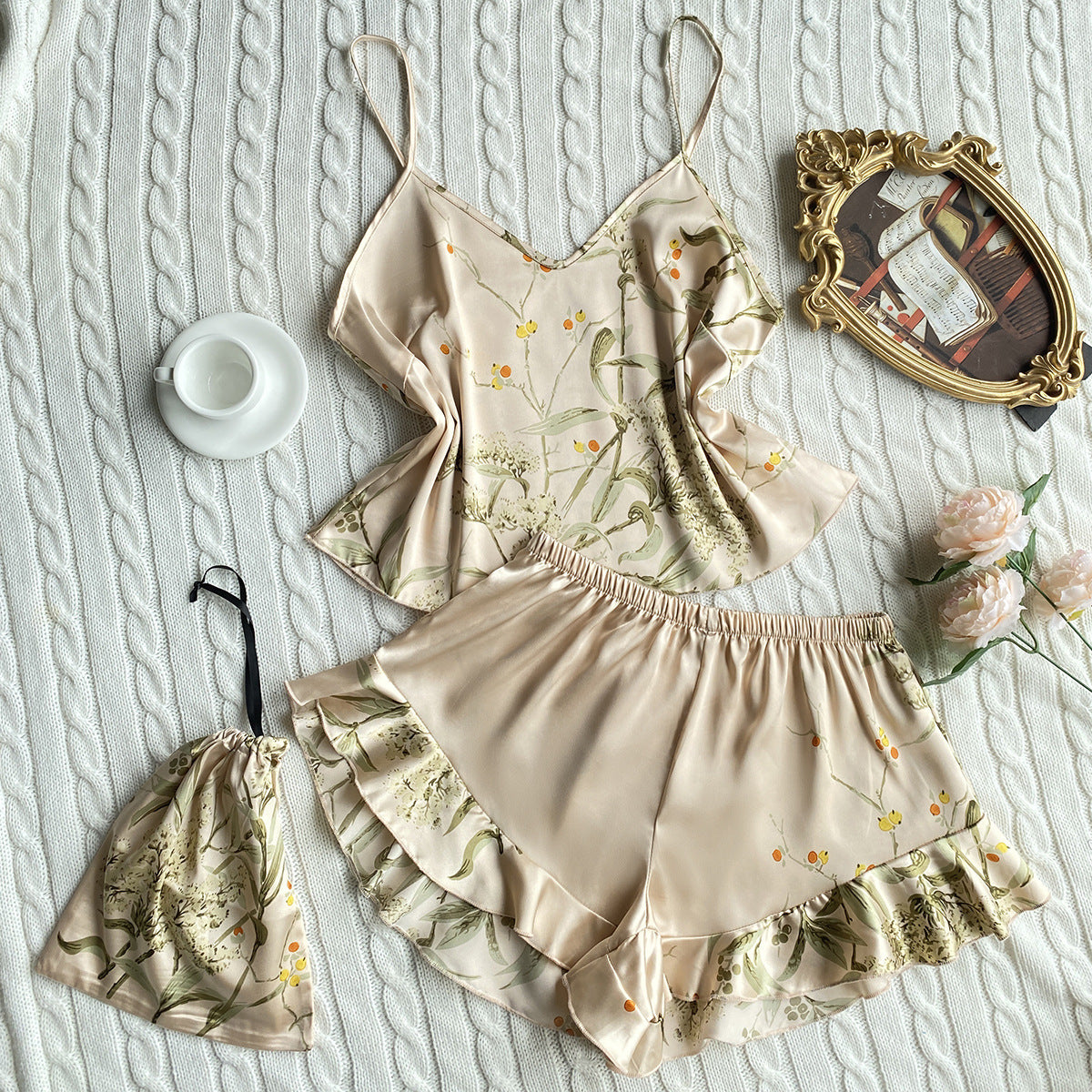 Faux Silk Pajamas Two-Piece Set Fashion Printing