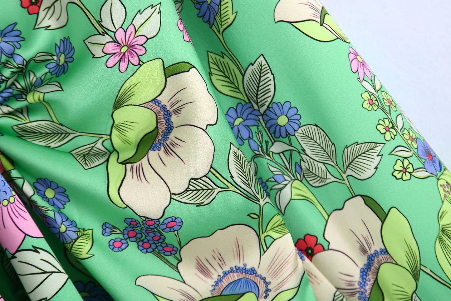 Silk Satin Floral Print V-Neck Dress Short Skirt