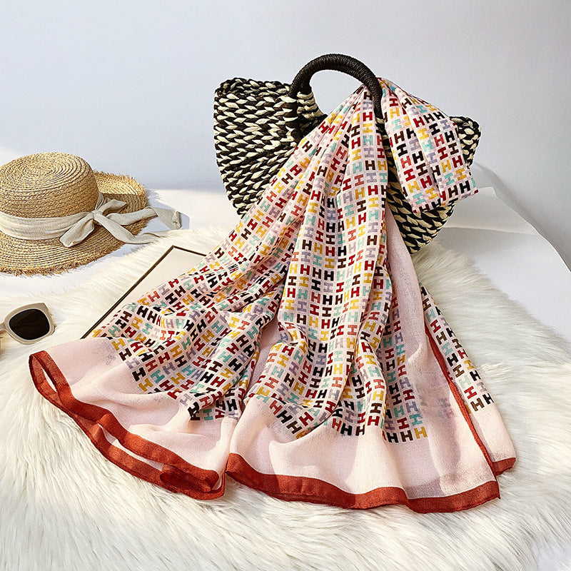 Printed Silk Scarf Women's Fashion Rolled Cotton And Linen Silk