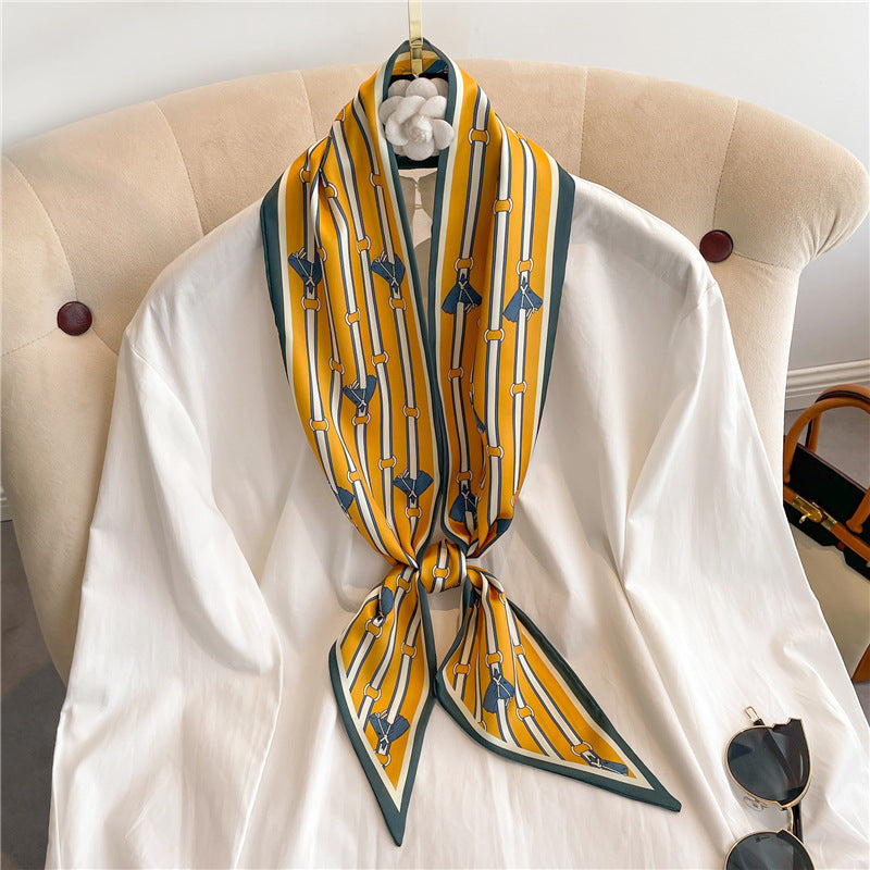 Thin Narrow Long Shirt Scarf Houndstooth Design Double Layer Imitated Silk Scarves Women's Hair Tie