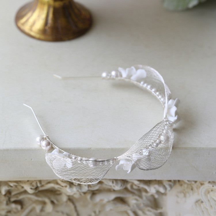 Bridal Netting Silver Silk Thread Ceramic Hard Porcelain White Floral Tiara