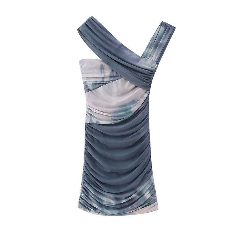 Women's Fashionable Simple Printed Silk Net Pleated Asymmetric Dress