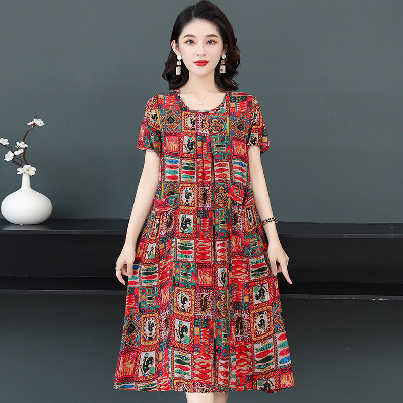 Plus Size Middle-aged And Elderly Cotton Silk Meat-covering Dress