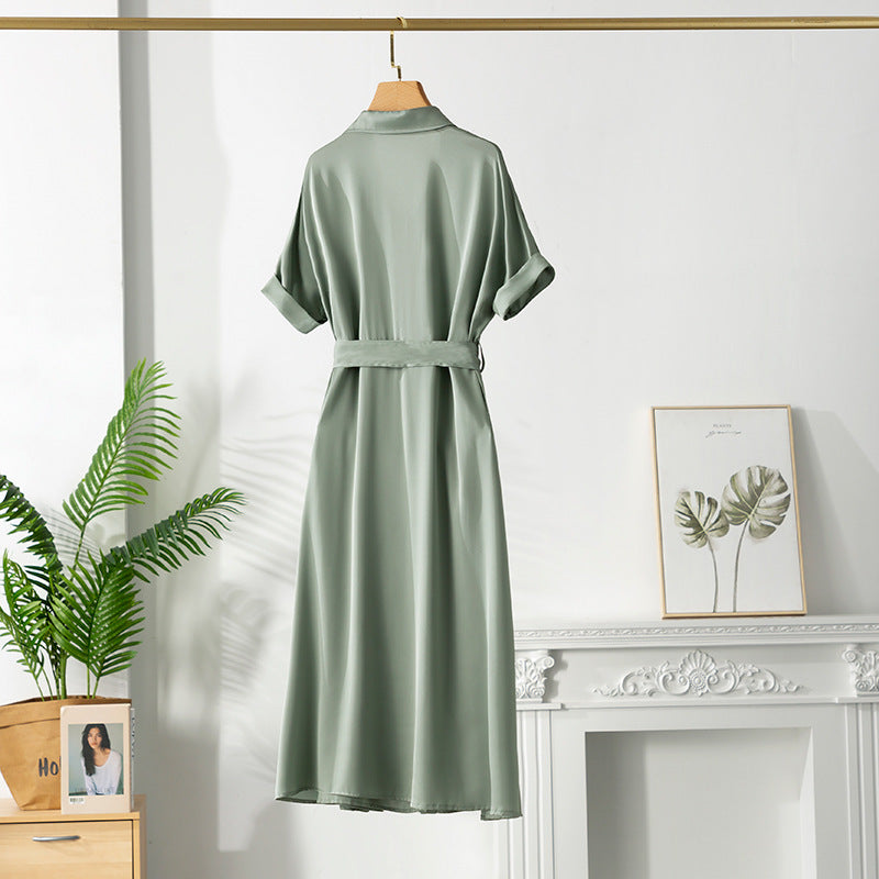 Women's Silk Dress With Lapel Waist And Slim Waist