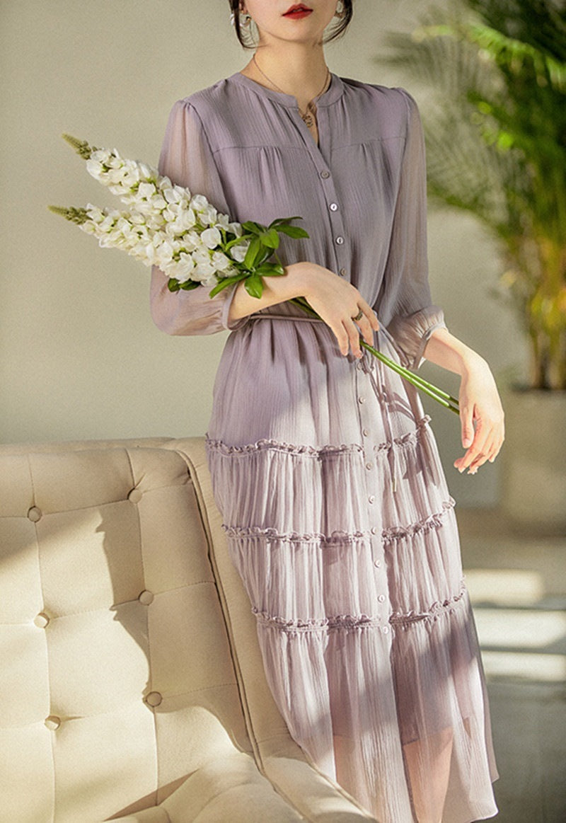 Light Smoked Purple Silk Gathered Lace-Up Dress