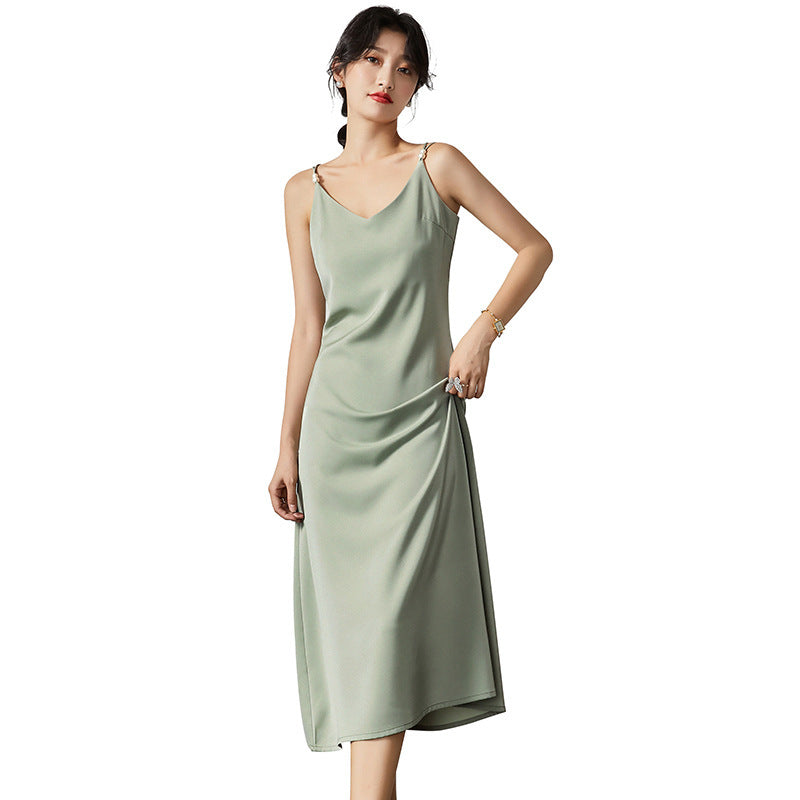 Acetate satin dress V-neck slim high-end temperament silk suspender skirt