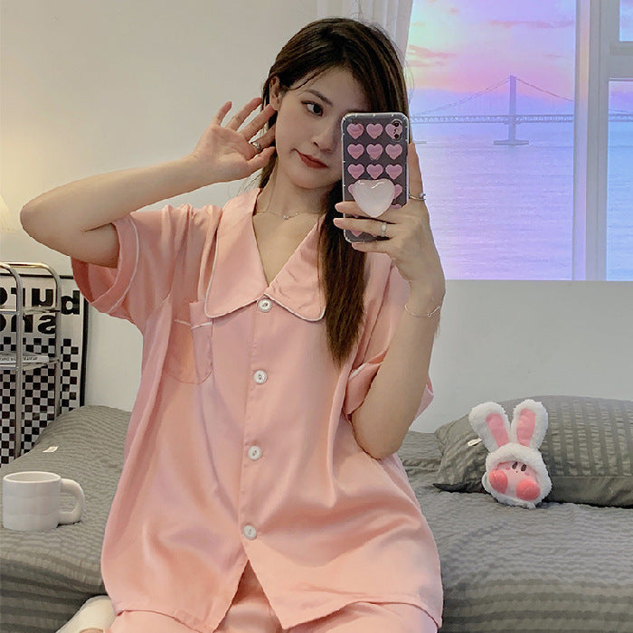 Ice Silk Loose Short Sleeved PajamasTwo Piece Set