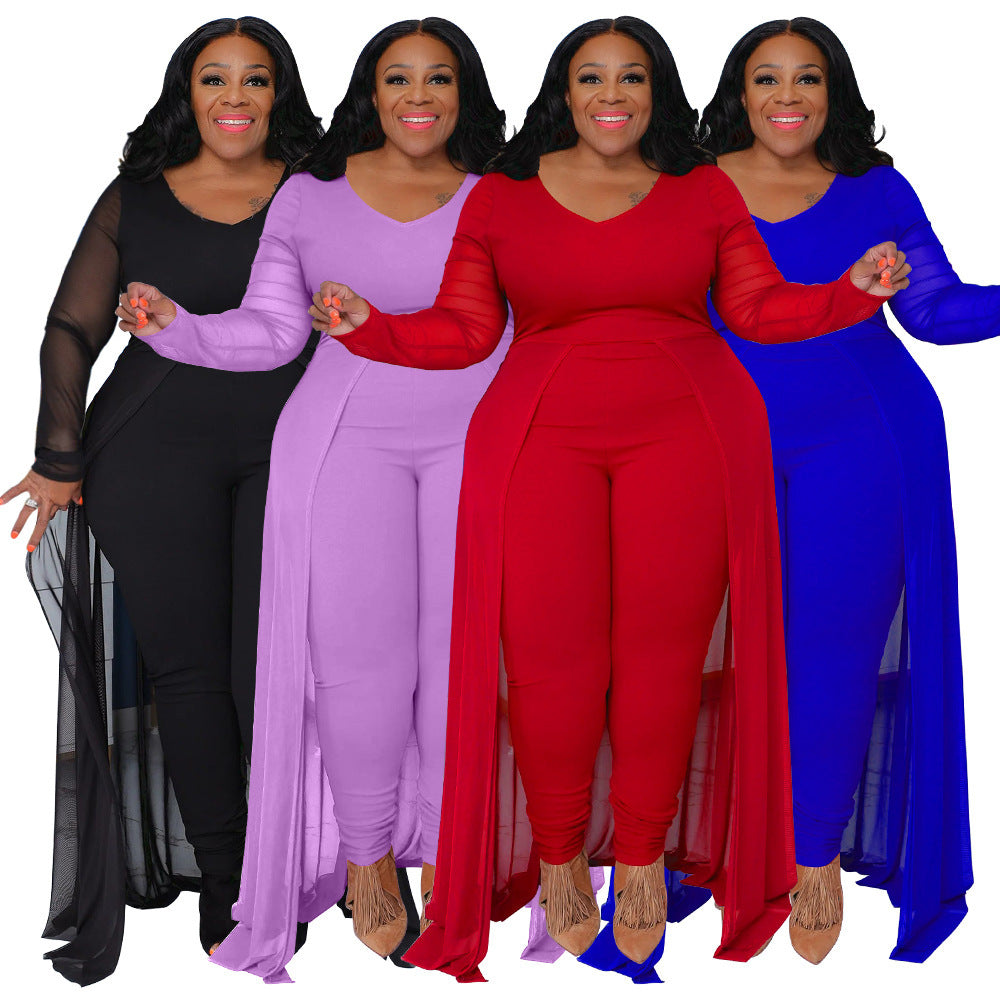 Women's Pocket Long Sleeve Stitching Stretch Jumpsuit