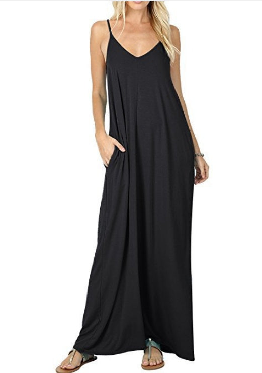 European and American milk silk solid color pocket camisole dress