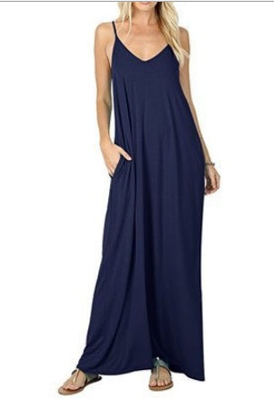European and American milk silk solid color pocket camisole dress
