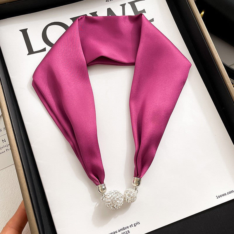 Solid Color Magnetic Button Silk Scarf Necklace Pendant Decoration