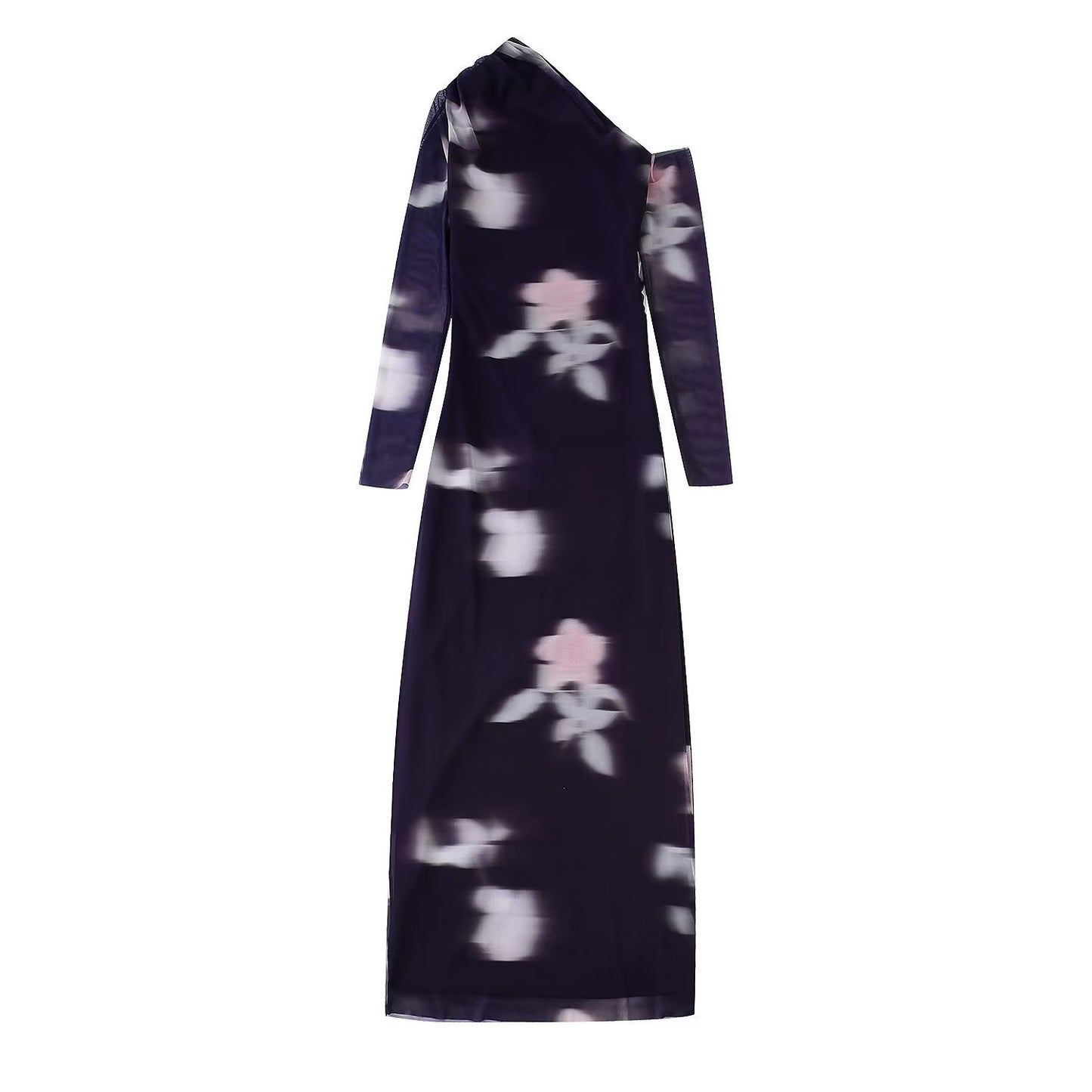 Printed Silk Net Asymmetric Collar Dress