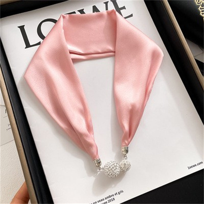 Solid Color Magnetic Button Silk Scarf Necklace Pendant Decoration