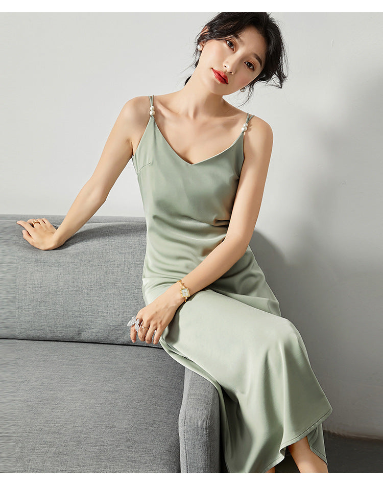 Acetate satin dress V-neck slim high-end temperament silk suspender skirt