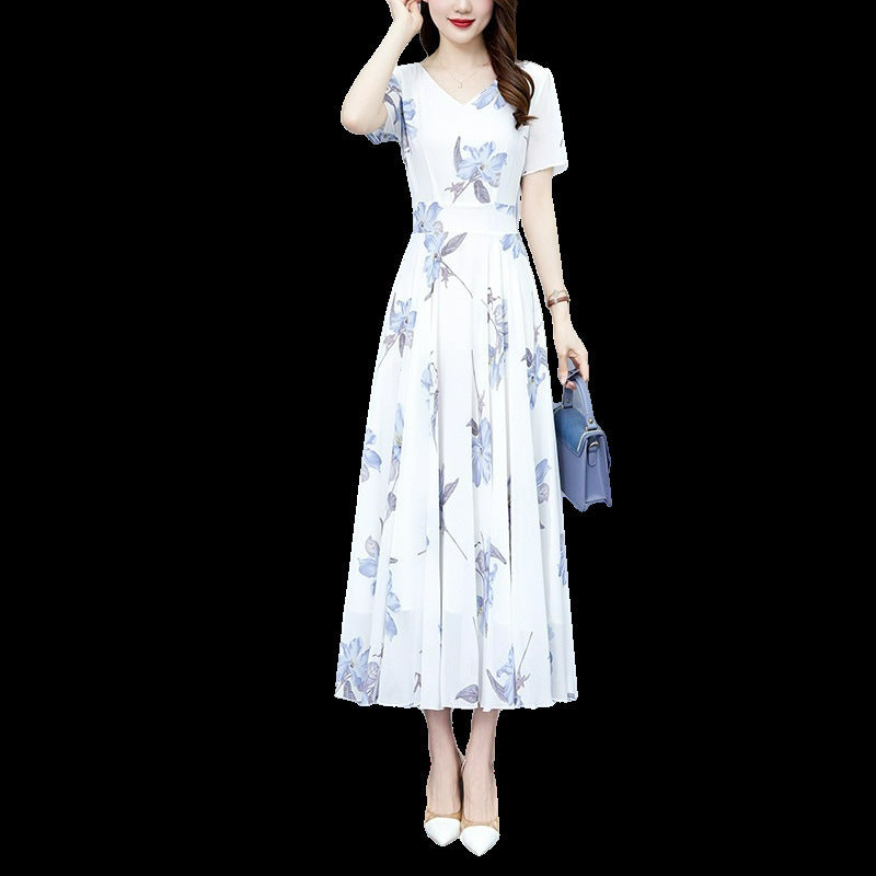 Loose Long V-neck Short Sleeve Ice Silk Satin Dress