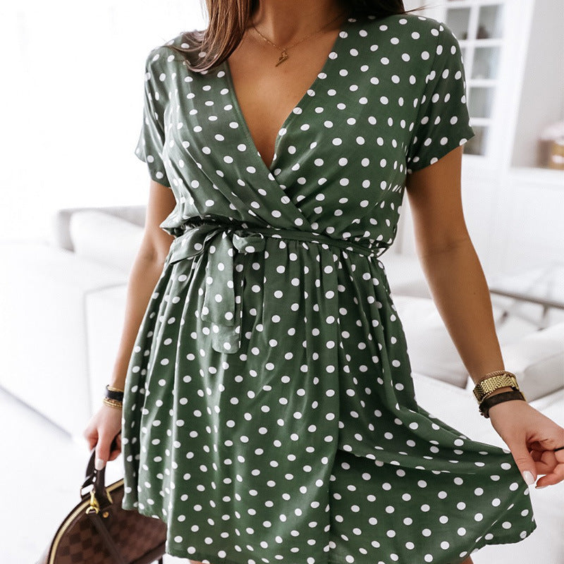 Polka Dot Ice Silk V-neck Short Sleeve Tie Dress