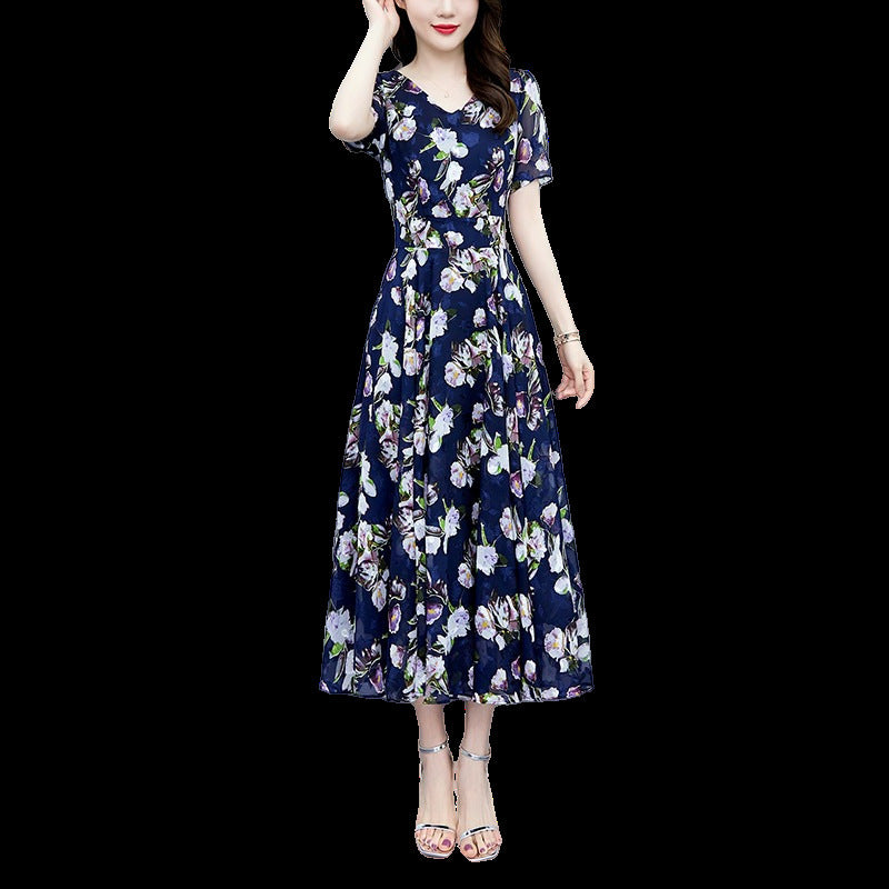Loose Long V-neck Short Sleeve Ice Silk Satin Dress