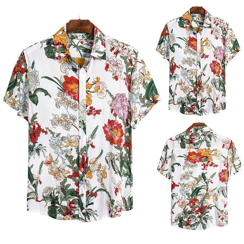 Patterned silk-cotton shirt with short sleeves