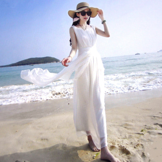 Slim Fitting White Silk Long Dress