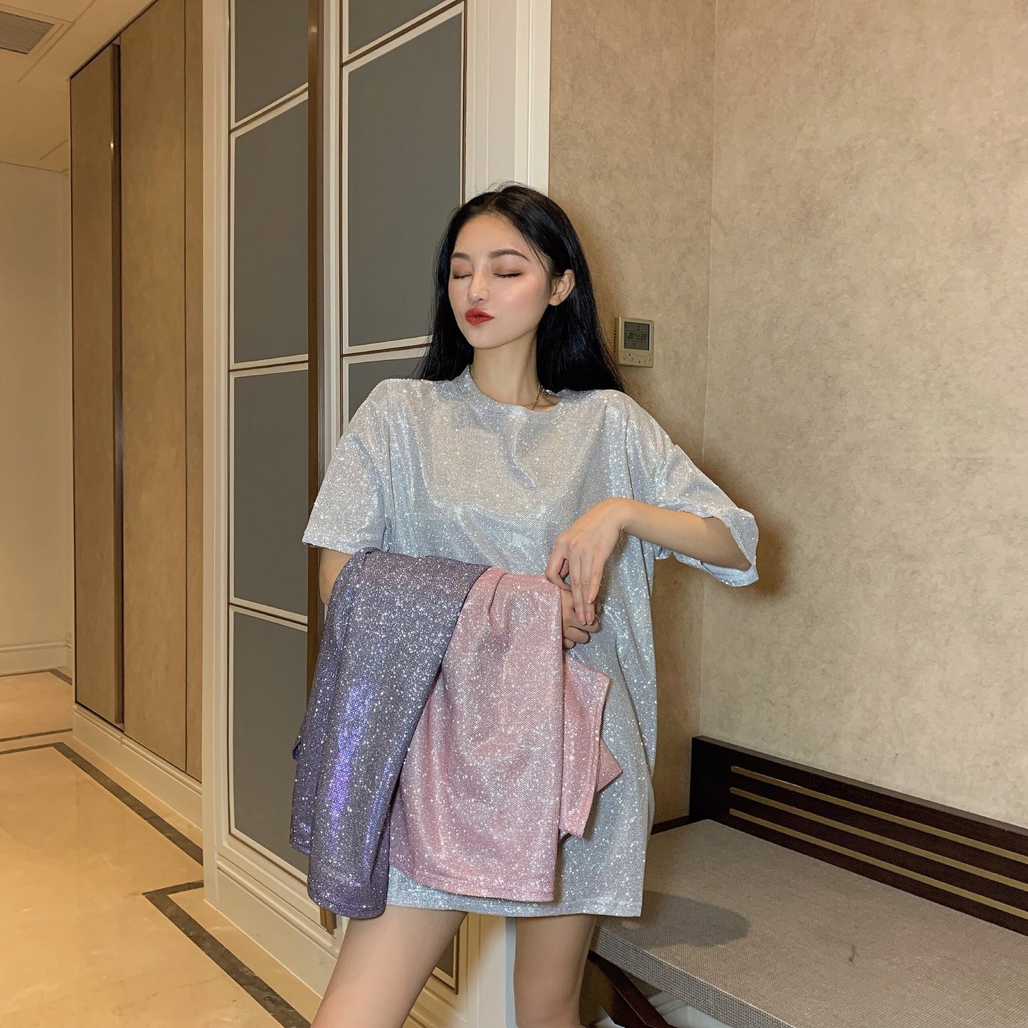 Long sparkling silk top