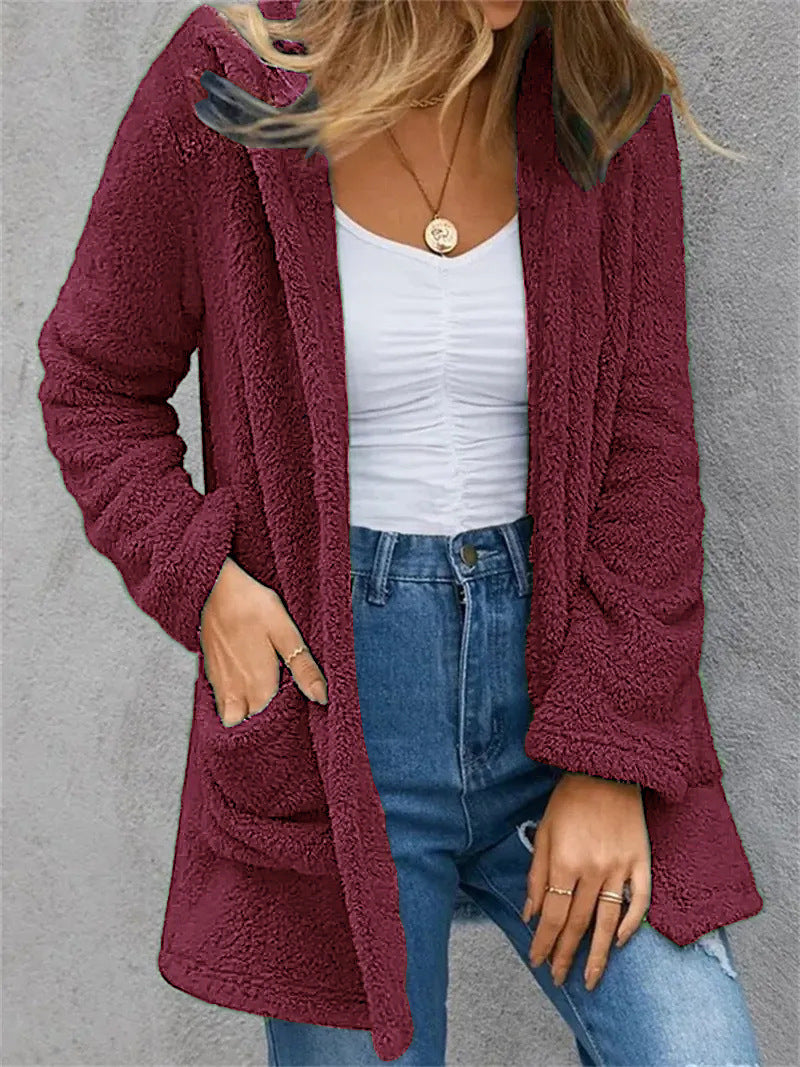 New Women's Cardigan Double Pocket Hooded Solid Color Fleece Cardigan Jacket