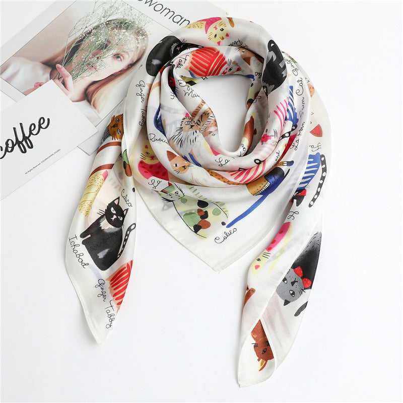 Cartoon Cat Silk Scarf Fashion Sun Protection