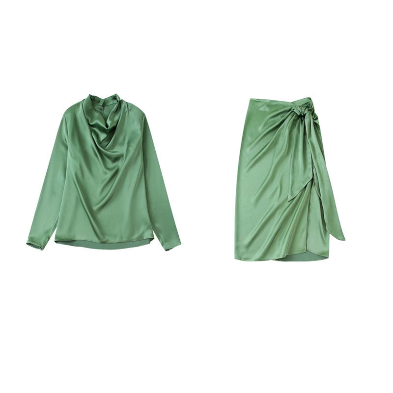 Women's Green Draped Neck Silk Satin Long Sleeve Shirt