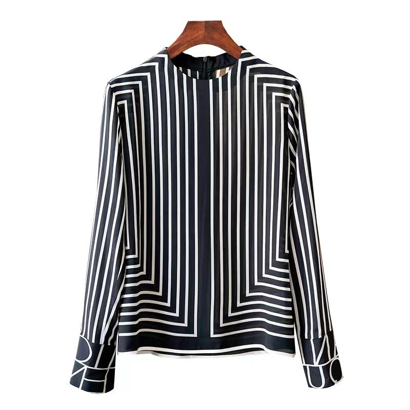 French High-end Vintage Stripe Silk Shirt For Women