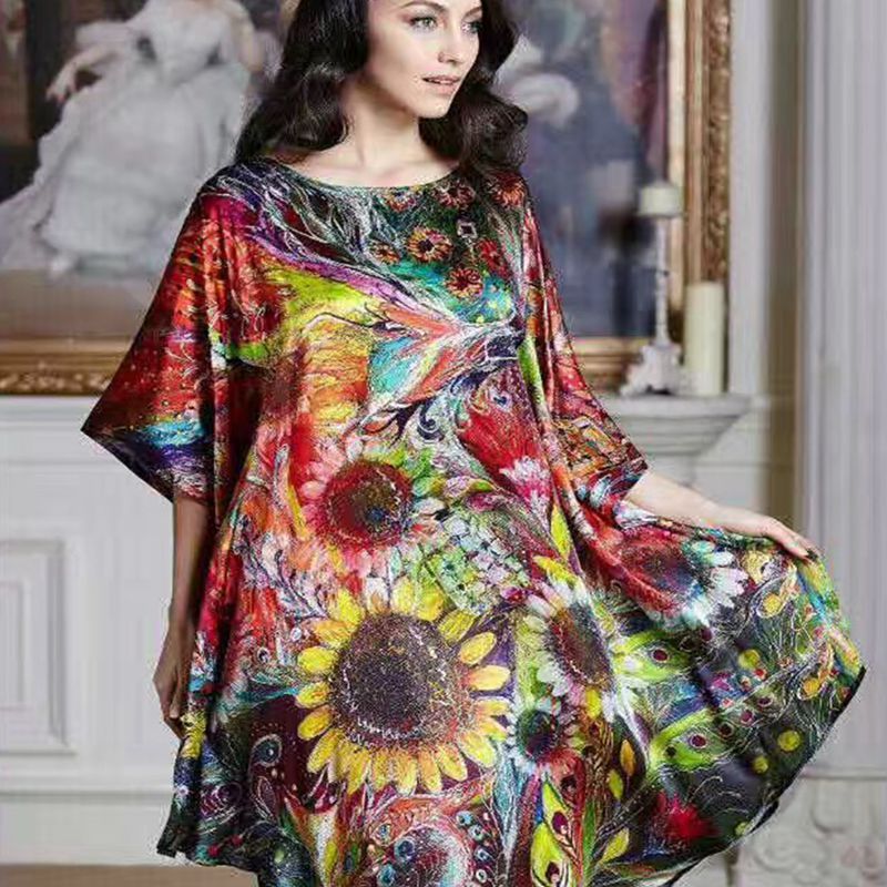 Inkjet Bat Shirt Women's Spring And Summer Home Service New Style Silk Silk Pajamas Nightdress Loose