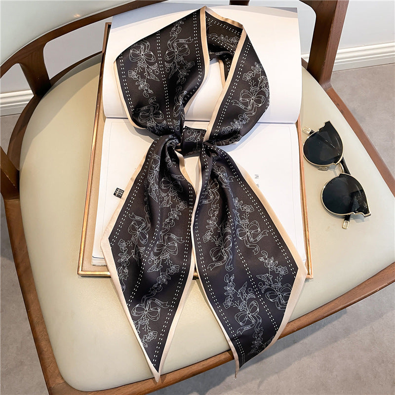 Thin Narrow Long Shirt Scarf Houndstooth Design Double Layer Imitated Silk Scarves Women's Hair Tie