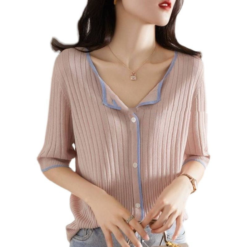 Loose V-Neck Mid-Sleeve Ice Silk Knit Cardigan Top