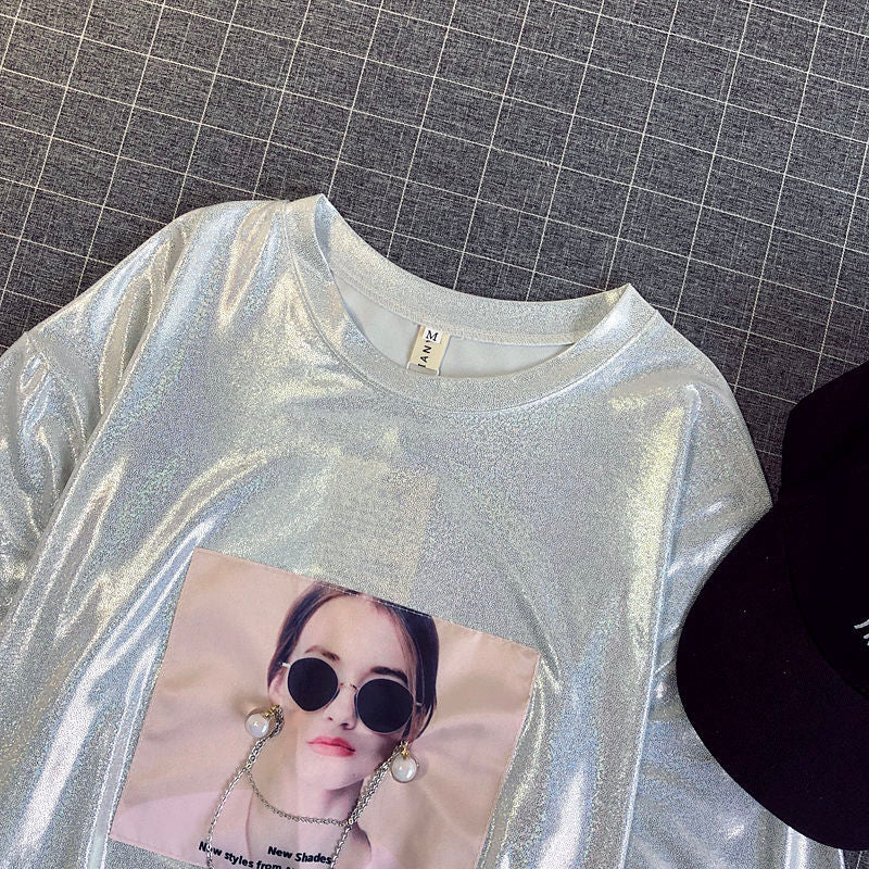 Ice Silk Beaded Short-sleeved T-shirt Women Trend