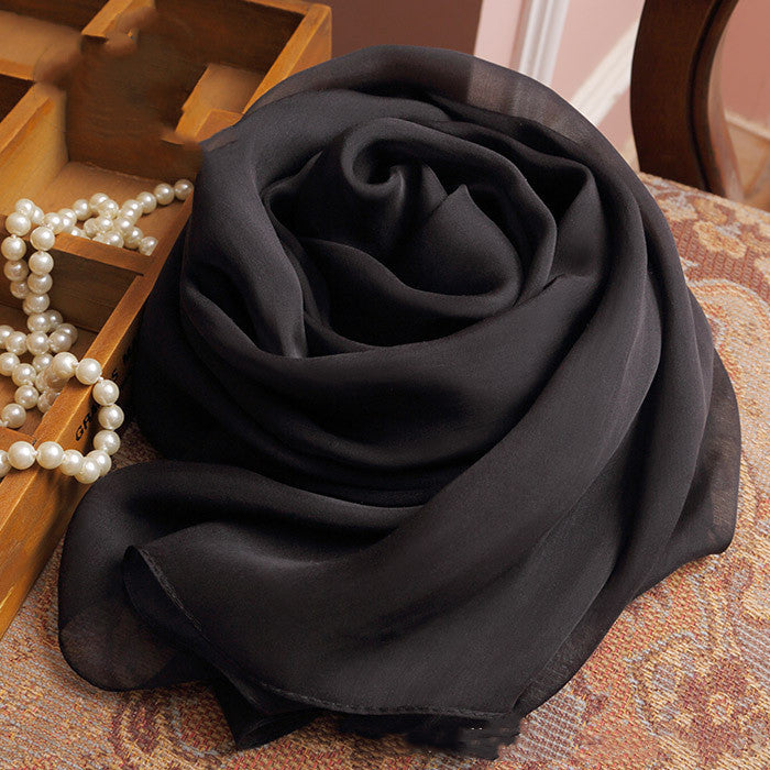 Pure Black Long Silk Scarf